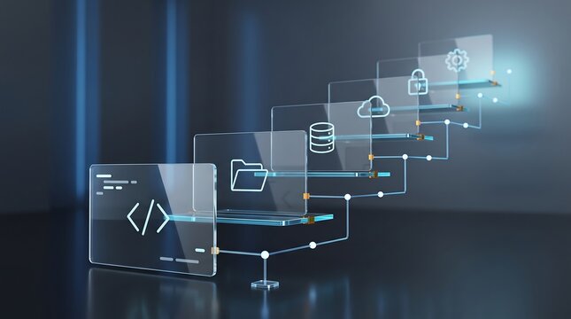 Layered digital architecture display showing stacked server and cloud icons with glowing connection lines for cloud computing and scalable network infrastructure design concepts