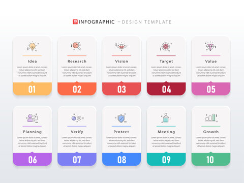 Infographic 10 step timeline journey, calendar Flat simple infographics design template. presentation graph. Business concept with 10 options, number vector illustration.