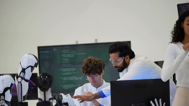 Bearded engineer in goggles leans over a curly-haired colleague with glasses at his monitor while humanoid robots stand beside them, in a documentary-style moment, a modern AI business scene