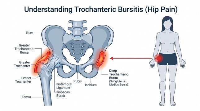 Medical illustration of trochanteric bursitis hip pain and anatomy