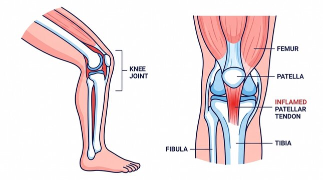 Anatomy of human knee joint with inflamed patellar tendon diagram