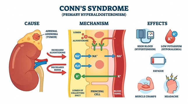 Medical infographic showing conn syndrome cause mechanism and effects