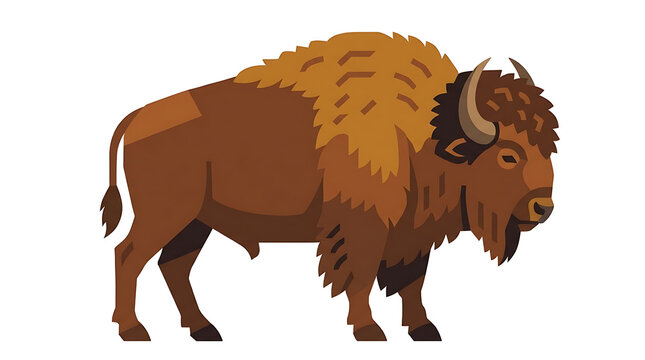 American Bison Brown Buffalo Standing Isolated On White Background Flat Vector Illustration