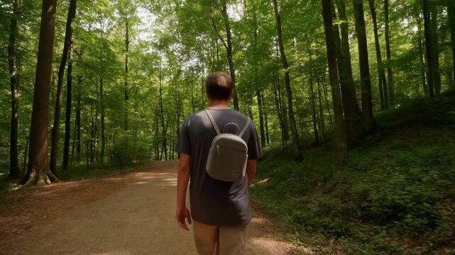 Adult man walks away along a wide forest trail carrying a compact gray backpack, framed from behind amid dense green trees, shaded ground, and patches of warm daylight