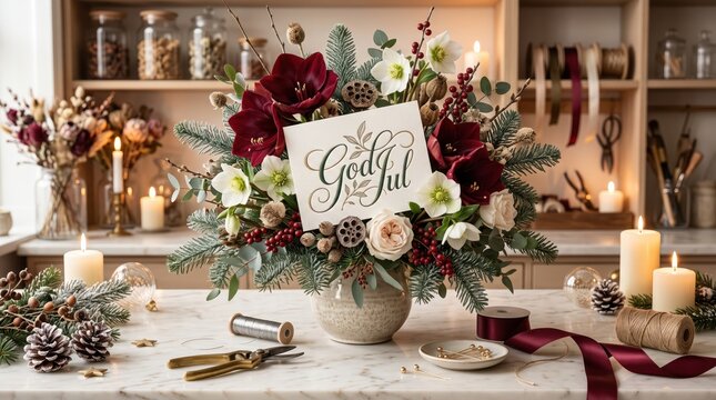 Ultra-realistic Swedish Christmas greeting card featuring luxurious &ldquo;God Jul&rdquo; typography among a sophisticated festive floral arrangement with burgundy amaryllis, white hellebores, winter roses, fir b