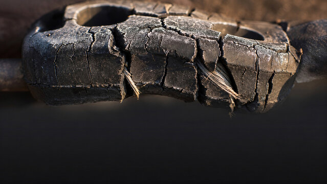 Macro rubber exhaust muffler hanger texture showing severe dry rot cracking