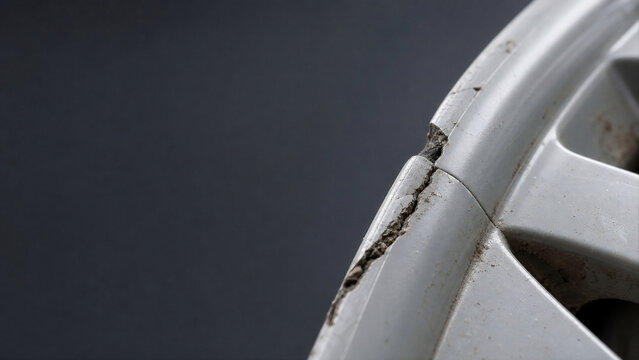acro cracked plastic hubcap edge texture showing dirt accumulation and fractures