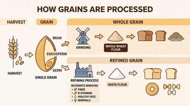 Educational diagram of whole grain and refined grain processing stages