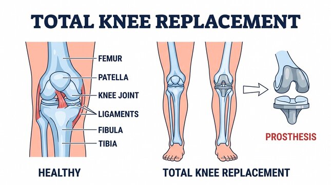 Medical illustration of total knee replacement surgery with prosthesis