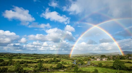 Obraz premium Rainbow arches over green fields under a bright blue sky. White clouds drift gently across the horizon. Villages dot the landscape in soft hues. Second, fainter rainbow curves behind the main one