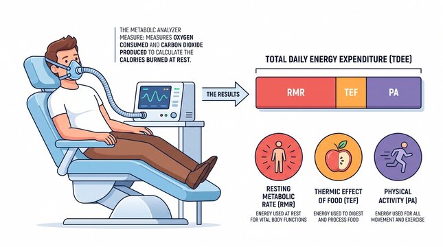 Metabolic analyzer illustration showing energy expenditure components