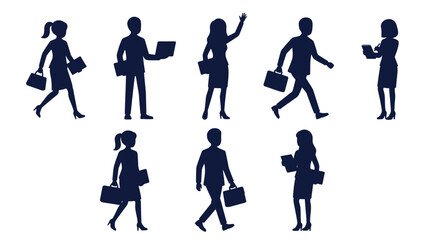 Obraz premium Business people silhouettes set with briefcases and laptops on white