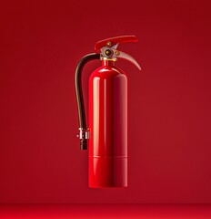 Obraz premium A vibrant red fire extinguisher stands against a bold red background. This image captures safety and preparedness. Ideal for safety campaigns or educational materials. AI