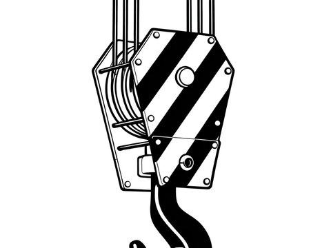 Heavy duty industrial crane hook in black and white vector illustration
