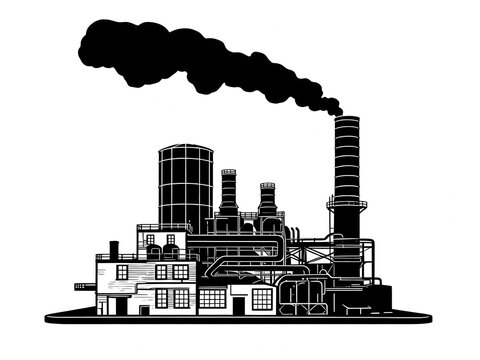  Industrial factory building with smoking chimneys in black and white vector