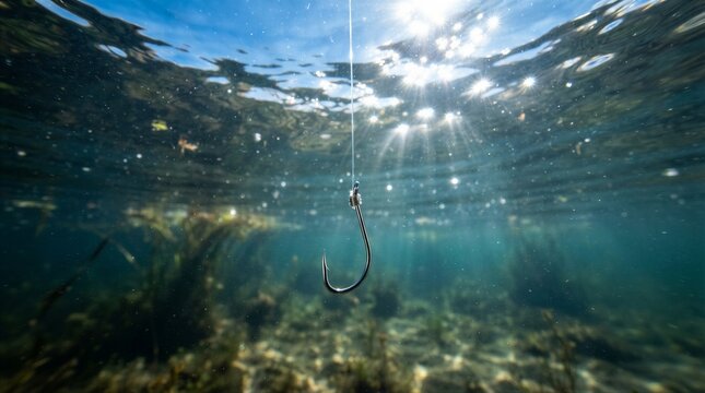 Sunlight pierces clear water, casting shimmering beams. Fishing hook hangs suspended, silhouetted against the light. Seagrass sways gently on the ocean floor below