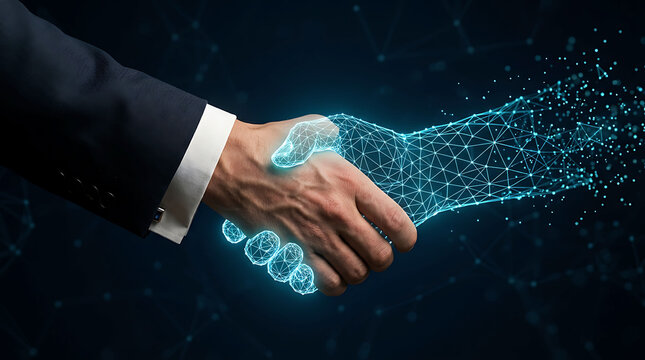 Human hand shaking a glowing digital AI wireframe hand in technology concept
