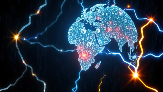 Digital globe illustration. Bright lightning bolts surround world map composed from small squares. Dark background enhances glowing effect.