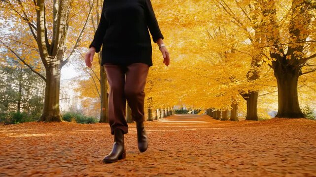 Person walks toward camera along leaf-covered avenue beneath golden autumn trees, wearing dark top, brown trousers and ankle boots in warm daylight from low ground-level view