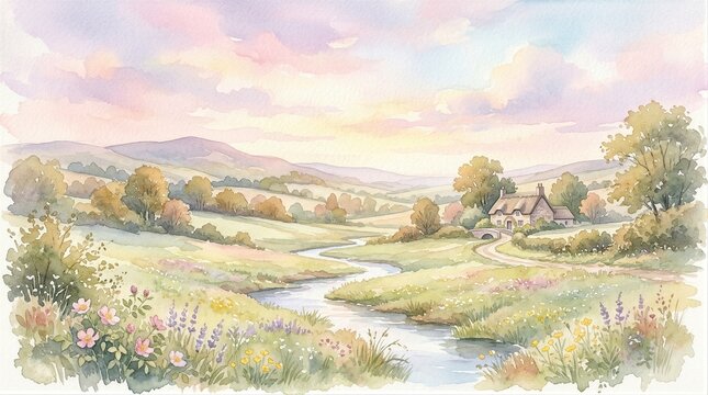 Soft watercolor depicts a tranquil countryside dawn. Winding river meanders through golden grasslands. Pink and lavender skies glow above rolling hills. Rustic cottage nestles among scattered trees