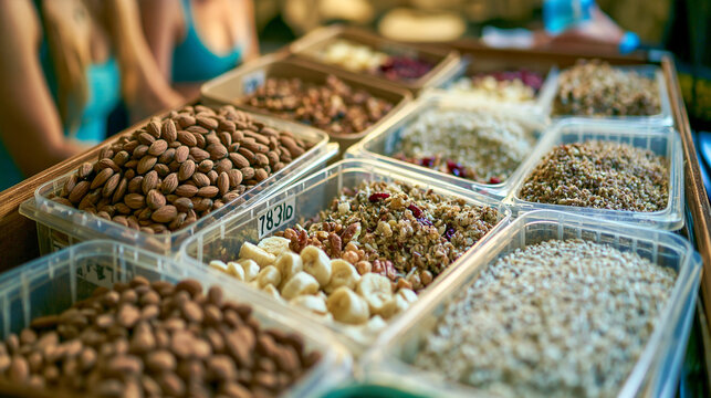 Selection of various nuts and grains stored in plastic containers at a market stall
