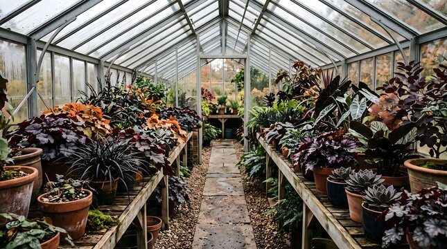 Interior of a greenhouse filled with potted plants and autumnal foliage