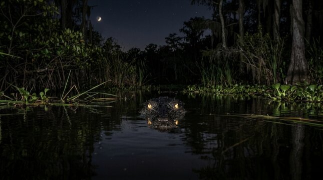 Night floods swamp with dark trees and moon overhead. Alligator stares from water, eyes glowing in the dark. Still surface mirrors the creature's intense gaze