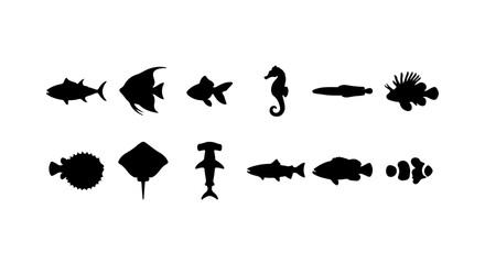 Fototapeta premium Marine Life Silhouettes: 12 Ocean Fish, Seahorse, Stingray, Shark Icons for Aquatic Designs