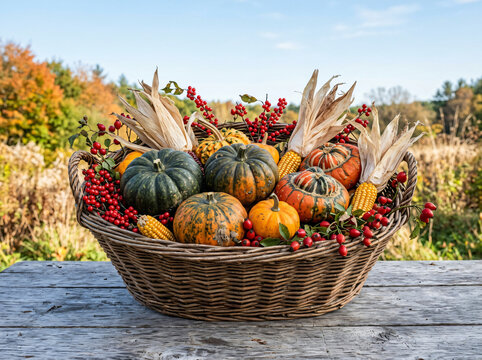 A rustic wicker basket filled with colorful autumn pumpkins and seasonal harvest vegetables.