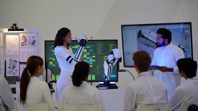 Curly-haired woman raises her exoskeleton arm and flexes the hand as a bearded engineer with a tablet explains the stress analysis on screen to a seated team, 4K