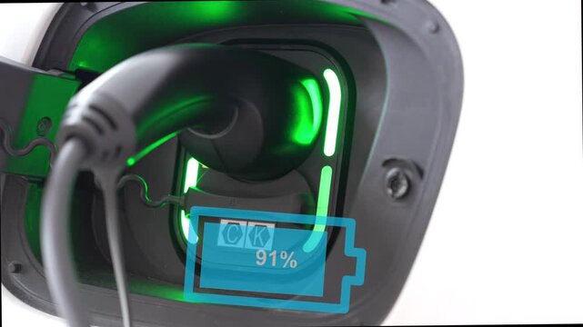 Charging power to electric vehicle (EV Car) with power cable plug and graphic showing charging percentage, Sustainable clean energy.