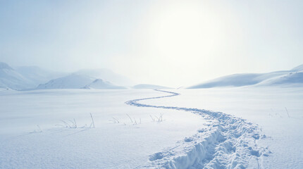 Winding snow trail stretching across a vast frozen mountain landscape in winter nature under soft sunlight. Snowy background. © Laura Pashkevich