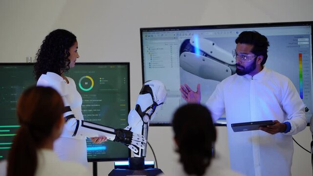 Bearded engineer in goggles gestures through a stress simulation as a curly-haired woman raises her robotic exoskeleton hand in front of a seated audience, real time