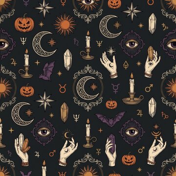Mystical Halloween Seamless Pattern with Crescent Moons Stars Crystals and Candles