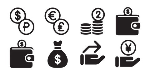 Fototapeta premium Money transaction icon set contains flat symbols for cash operations and diverse foreign currency.