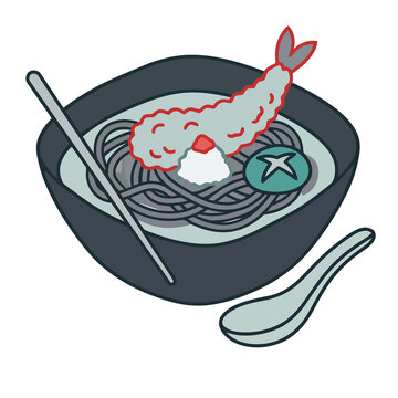 Bowl of noodles with tempura shrimp and mushroom