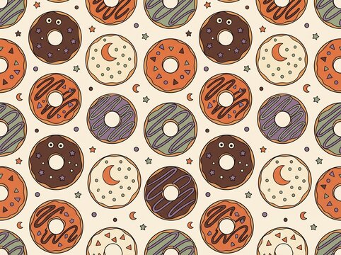 Seamless pattern of delicious decorated donuts with spooky Halloween frosting and sprinkles.
