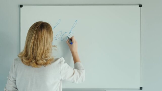 Teacher in face mask writes lockdown on whiteboard during pandemic lockdown.