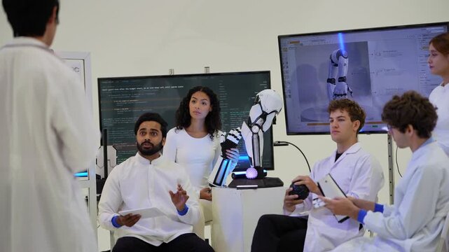 Seated engineers in lab coats discuss as a curly-haired woman holds a black bionic hand beside a humanoid robot arm, in an authentic workplace scene, a medical technology development scene