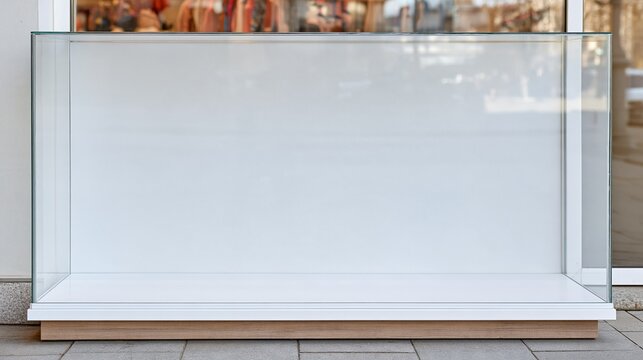 Empty glass retail display case in front of a shop window, horizontal showcase mockup for merchandising and product presentation