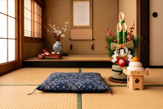 掛け軸のある床の間の畳に飾られた門松と鏡餅とお正月飾り（新年のご挨拶）