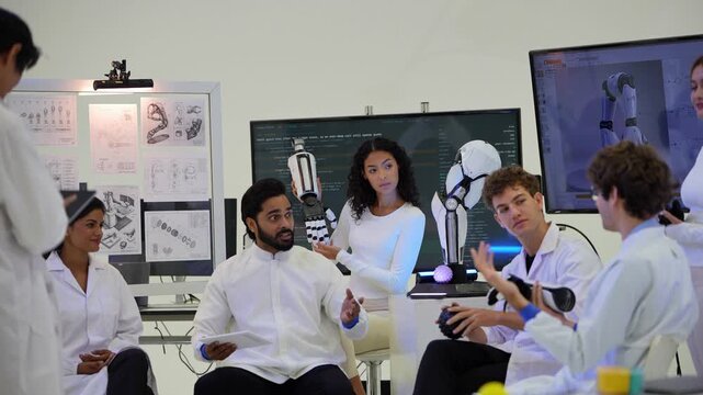 Seated bearded engineer talks with open hands as a colleague with glasses turns a black sensor ball and a curly-haired woman lifts a robotic arm shell behind, 4K