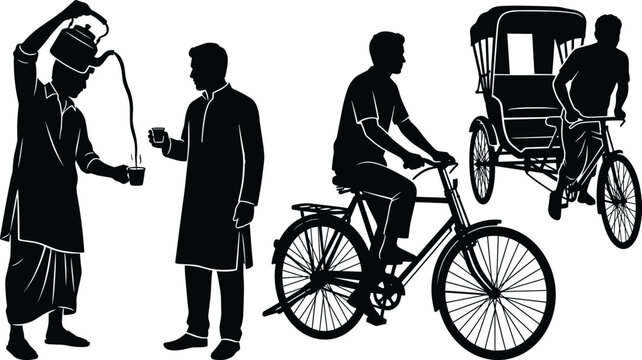 Black silhouette vector illustration set of traditional Asian street life scenes featuring tea seller cyclist and rickshaw puller