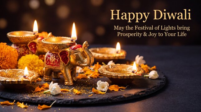 A beautiful arrangement of glowing traditional diwali diyas placed on a dark stone surface with festive decorations for the indian festival of lights