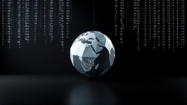 Low poly globe surrounded by digital rain. Binary code streams down dark background. Futuristic concept, data visualization.