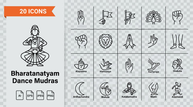 Bharatanatyam dance icons display a variety of traditional mudras and postures designed for professional graphic projects.