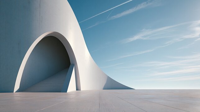 Minimalist futuristic white architectural arches structure against clear blue sky background