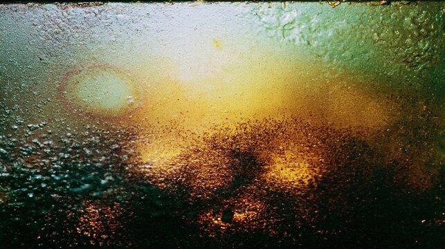 Abstract bokeh golden light particles glowing on dark green background with film grain effect