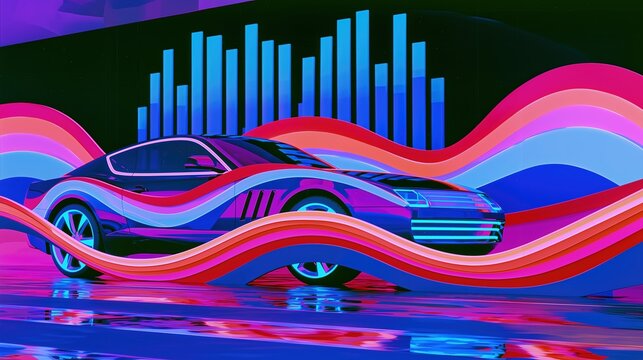 Neon blue coupe appears behind sweeping rainbow waves and luminous audio equalizer