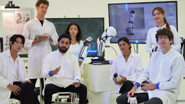 Seated robotics team in a semicircle listens as a bearded engineer touches his lips in thought and a curly-haired woman holds up a bionic hand, robotics R and D